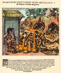 Geschiedenis van Amerika: Spanjaarden exploiteren goudmijnen. De Indianen werken onder het toeziend oog van de kolonisten. Gravure door Theodor de Bry (1528-1598). 16e eeuw Privécollectie