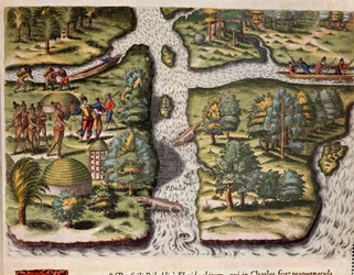 Geschiedenis van Amerika: de Fransen van de expeditie van Jean Ribault vestigen zich in Charlesfort en voorzien de Indianen van Florida van voedsel. Alligators zijn afgebeeld in de rivieren. Gravure uit 