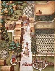 Geschiedenis van Amerika: "De Tuin van de Stad Secota in Virginia" Gravure uit "Admirante Narratio Americae" door Theodore de Bry (1528-1598)