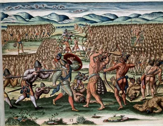 Geschiedenis van Amerika: "De soldaten van Chief Outina (of Olata Utina) vechten, gebruikmakend van de Fransen van de expeditie van Jean Ribault (of Ribaut), de vijandelijke stammen van Potanou" Gravure uit "Admirante Narratio Americae" (Geschiedenis van d