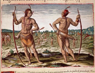Geschiedenis van Amerika: "Twee inwoners van Virginia, Indiaanse wapens van pijlen en boog" Gravure uit "Admirante Narratio Americae" door Theodore de Bry (1528-1598)