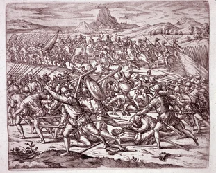Geschiedenis van Amerika: gevechten tussen de legers van Vaca de Castro en Almagro junior na de dood van Francisco Pizarro en Diego de Almagro (Gravure)