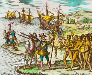 Geschiedenis van Amerika: de ontdekkingsreiziger Christoffel Columbus (1451-1506) wordt verwelkomd door de Indianen bij zijn aankomst in de Nieuwe Wereld (gravure van Theodore De Bry, 16e eeuw)