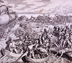 Hoe de Spanjaarden landden op het eiland Haïti, met 400 man wat leidde tot een grote slag met de inboorlingen, illustratie uit 