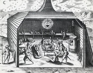 Interieur van het winterhuis van William Barents op de Russische archipel Novaya Zemlya, gravure