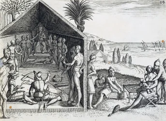 Koning ontvangt Europese bezoekers, Kaap Lopez, Gabon, gravure uit India orientalis door Theodor de Bry, Afrika