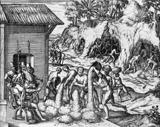 Mijnbouw voor mineralen in Midden- en Zuid-Amerika, gravure uit Americae pars V, door Theodor de Bry