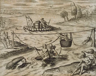 Inheemse Amerikaanse Indianen die rivierstromen afvaren