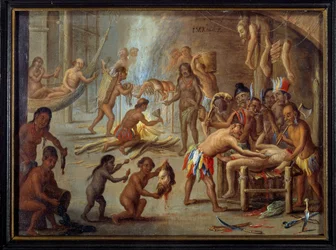 Scène van kannibalisme in Brazilië in 1644 De Indianen aten hun vijanden en gevangenen op