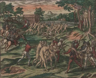 Slaven proberen hun Spaanse eigenaars te overmeesteren, maar worden gevangengenomen en aan bomen opgehangen, 1595