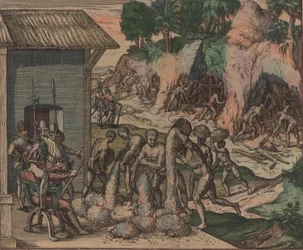 Slaven gieten erts voor Europese soldaten. Op de achtergrond werken slaven in de mijnen, 1595.