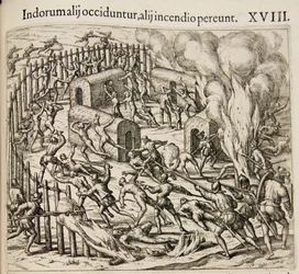 Sommige indianen worden gedood, sommigen sterven in een brand. Uit: Americae pars quarta