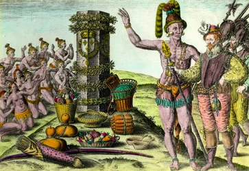 De Floridianen kwamen de kolom opgericht door de Franse navigator Jean Ribault (1520-1565) van de eerste expeditie naar Florida Gravure uit 