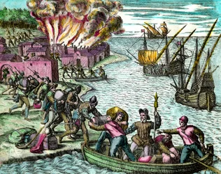De Fransen plunderen en verbranden de stad Chioreran. Gravure uit "Geschiedenis van Amerika" door Theodore de Bry 16e eeuw. Privécollectie