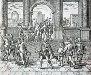 De Inca koning Atahualpa gevangen genomen door Spanjaarden in Cajamarca, Illustratie uit Amerikaanse Geschiedenis