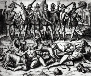 De honden van Vasco Nunez de Balboa vallen de Indianen aan