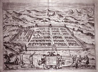 Zicht op de Inca-stad Cuzco, Peru (Gravure)