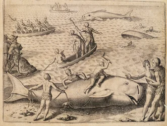 Walvisvangst bij Spitsbergen, gravure door Theodor de Bry uit India Orientalis