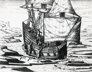 Schip van William Barents tijdens derde Nederlandse expeditie op zoek naar de Noordoostelijke Doorvaart, gravure