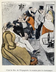 Filles et Marlous: Het is het feest van de Spanjaarden: de notaris betaalt de champagne - in "Dans la vie", door Steinlen 1901