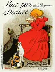 Voedsel en Drank. Vingeanne melk. Meisje met katten. Poster door Steinlen, Frankrijk, c.1890