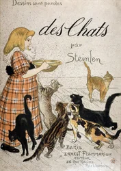 Meisje brengt een melkkom naar katten - omslag 