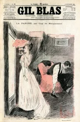 Illustratie van Steinlen bij het korte verhaal „De halsketting“ van Guy de Maupassant. Madame Loisel kijkt naar zichzelf in de spiegel terwijl haar man haar schoenen uittrekt. Zij ontdekt dat zij de halsketting, een diamanten rivière, die haar vriendin