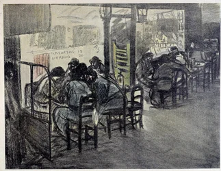 Op het terras van het café (Op de etalage staat "Absinthe 15", "Pernod 20")
