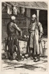 Een Perzische koopman en muilezelmaker in een dorp in Armenië, gravure naar een tekening van de auteur, ter illustratie van de reis in Lazistan en Armenië, door Theophile Deyrolles, in 1869, gepubliceerd in 