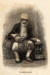 Een cafeverkoper (cafedji) op reis, in de bazaar van Trebizonde (hedendaags Trabzon, aan de kust van de Zwarte Zee), gravure naar een tekening van de verteller, ter illustratie van een reis naar Lazistan en Armenië, van 1869, door Theophile Deyrolle, gepub