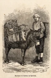 Een kolenhandelaar, met zijn ezel, in Djewilisk (Noord-Anatolië), gegraveerd naar een tekening van de verteller, ter illustratie van een reis in Lazistan en Armenië, van 1869, door Theophile Deyrolle, gepubliceerd in 