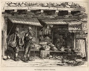Een kruidenierswinkel in Erzeroum (Armenië), gegraveerd naar een tekening van de auteur, ter illustratie van de reis in Lazistan en Armenië, door Theophile Deyrolles, in 1869, gepubliceerd in 