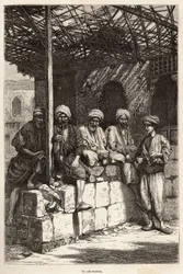 Een Armeens café, een plaats van mannelijke gezelligheid, om koffie te drinken en de pijp te roken, gravure naar een tekening van de auteur, ter illustratie van de reis in Lazistan en Armenië, door Theophile Deyrolles, in 1869, gepubliceerd in 
