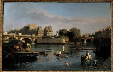 De nieuwe brug en de punt van het Île de la Cité. Uitzicht op Parijs