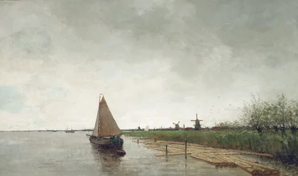 Een rivierlandschap met schepen, een stad daarachter