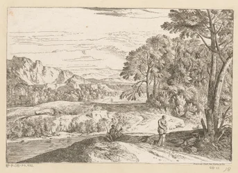 Arcadisch landschap met een visser bij een beek