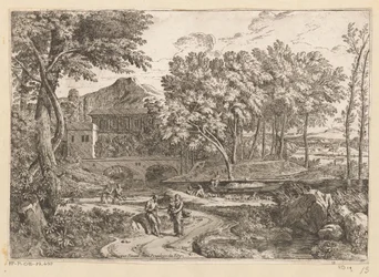 Arcadisch landschap met een kudde geiten aan het water en een moeder met kind op een pad met overige figuren