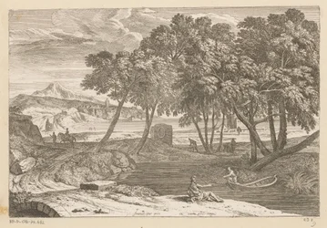 Arcadisch landschap met een visser in een boot
