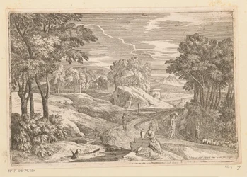 Arcadisch landschap met een vrouw bij een vaas gezeten en overige figuren