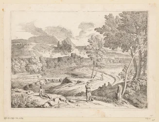 Arcadisch landschap met figuren langs een pad aan een stroming