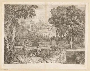 Arcadisch landschap met twee mannen en een fruit-dragende vrouw