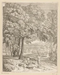 Arcadisch landschap met twee mannen en een korfdragende vrouw