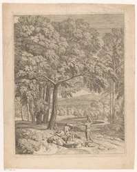 Arcadisch landschap met twee mannen en een korfdragende vrouw