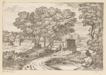 Arcadisch landschap met twee vrouwen bij een fontein
