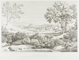 Uitzicht vanaf de oevers van de Illisós: Bergen van de Argolid, Tempel van de Olympische Jupiter, de Akropolis, Paleis van Koning Corydalus, Dorp Ambelo