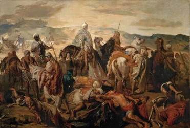 Arabische ruiters dragen hun doden weg