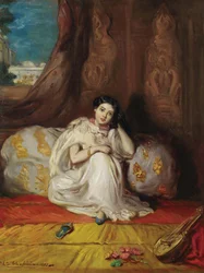 Jonge Moorse vrouw, zittend in een rijk interieur, Almée, 1853.