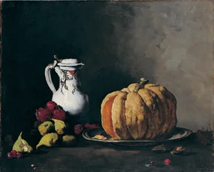 Stilleven met pompoen, pruimen, kersen, vijgen en kruik, ca. 1860