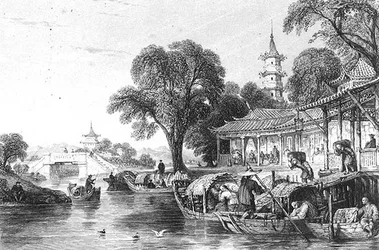 Zijdeboerderijen in Hoo-Chen, gegraveerd door J. Tingle