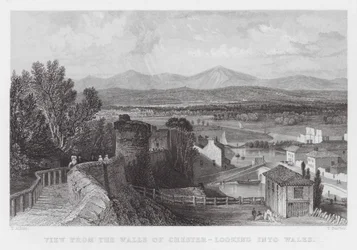 Uitzicht vanaf de muren van Chester, kijkend naar Wales (gravure)